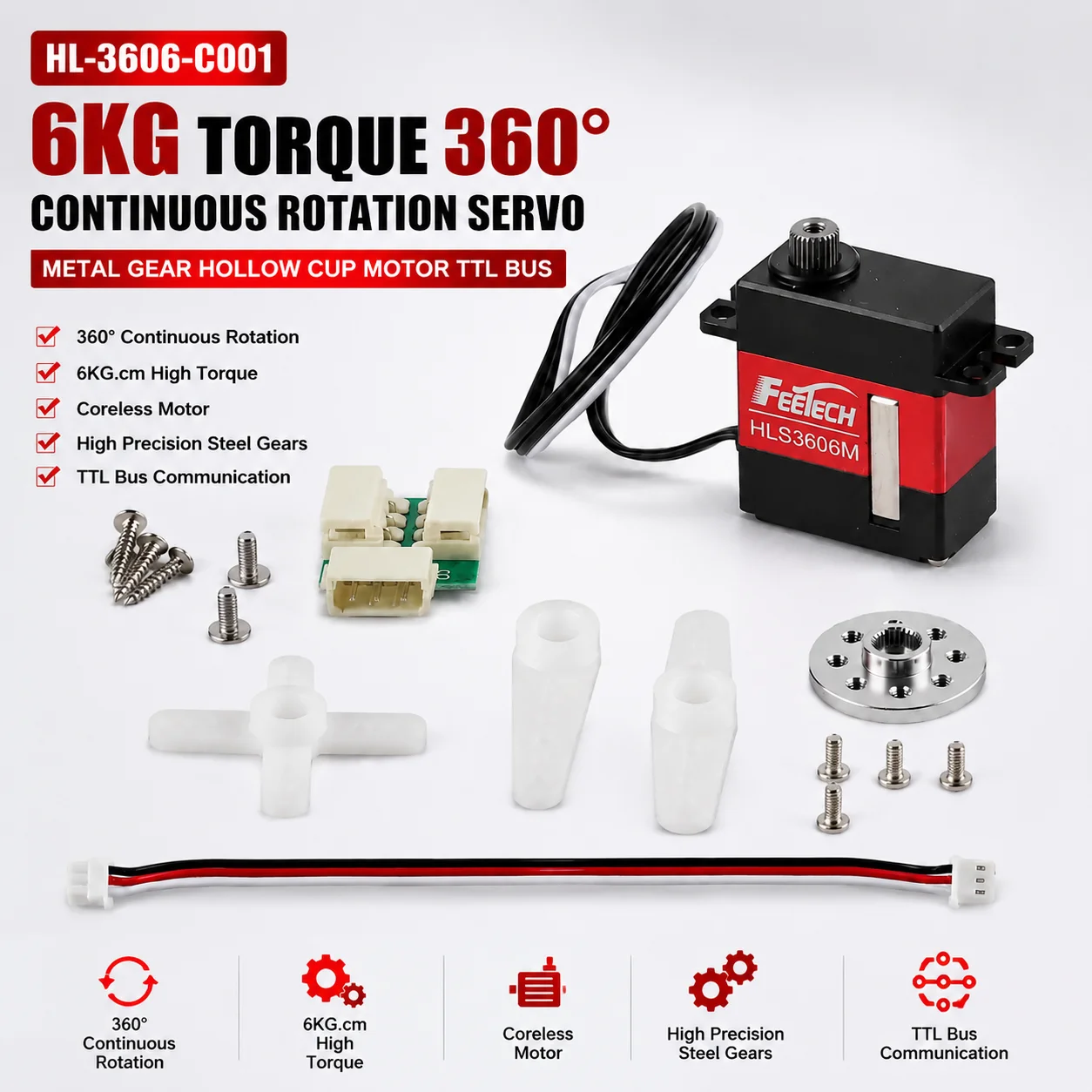 Feetech HLS3606-C001 6KG Torque 360° Continuous Rotation Servo Motor 6KG Torque Metal Gear Hollow Cup High Precision