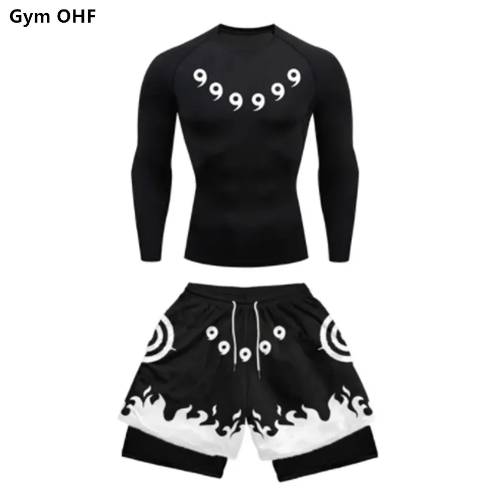 Men's Bodysuit Tights + 3D Digital Printed Double Layer Shorts 2 Piece Set Outdoor Quick Dry Running Sports Training Wear