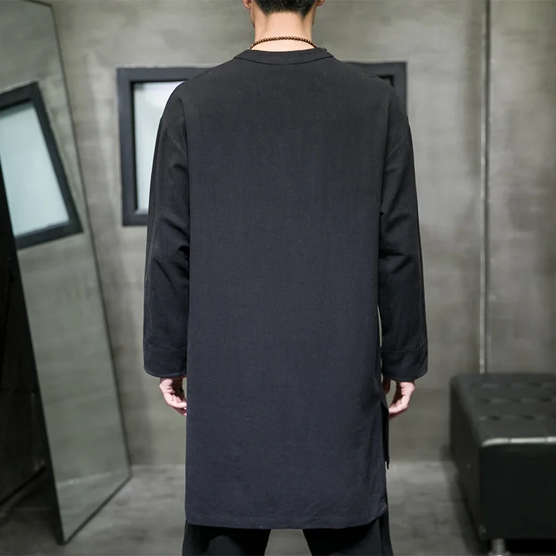 Men's Plus Size Vintage Long Sleeve Pullover Shirt Oversized Mid-Length Casual Top Collarless Clothing Spring Autumn Wear M-5XL