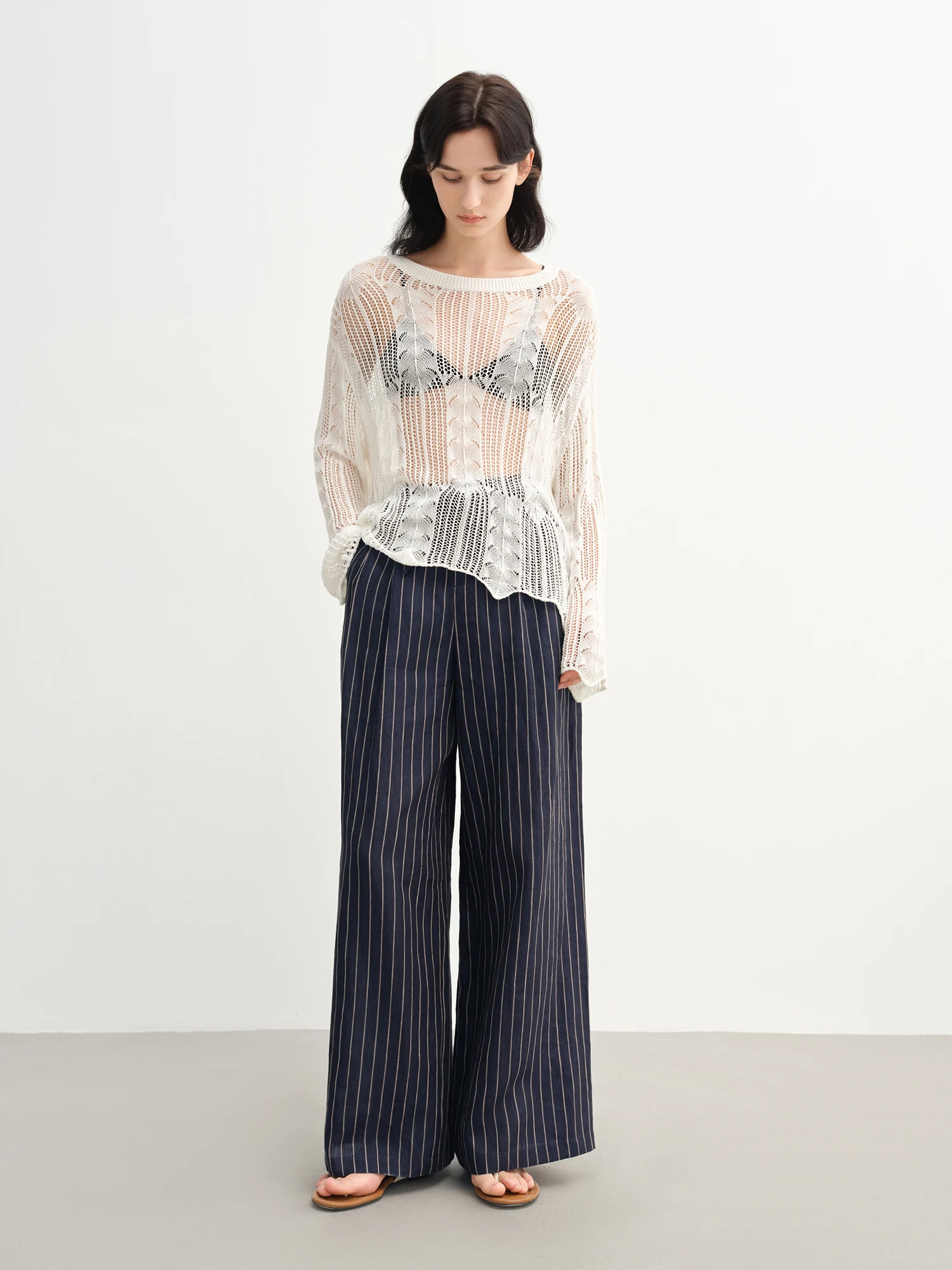 DUSHU Women's Lazy Style Straight Wide-leg Pants 2025 Summer New Striped Versatile High Waist Casual Pants 25DS82754