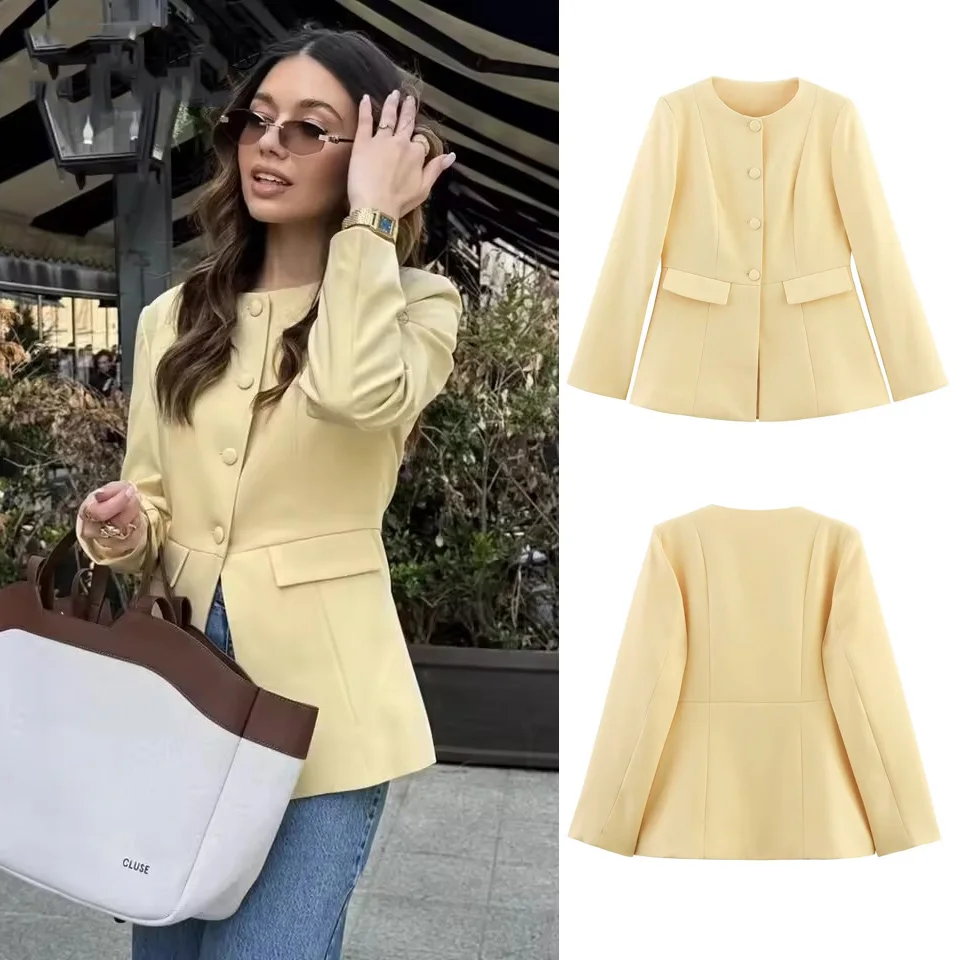 

PRINTKAOIR 2025 элегантный женский желтый тонкий пиджак женский однобортный пиджак с круглым вырезом и длинными рукавами женская офисная уличная одежда