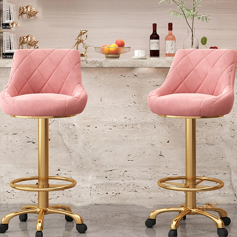 Sillas de Bar con diseño de terciopelo, giratorias, de Metal, doradas, ajustables, rosas, para cocina, tocador, Sillas estéticas, muebles de moda