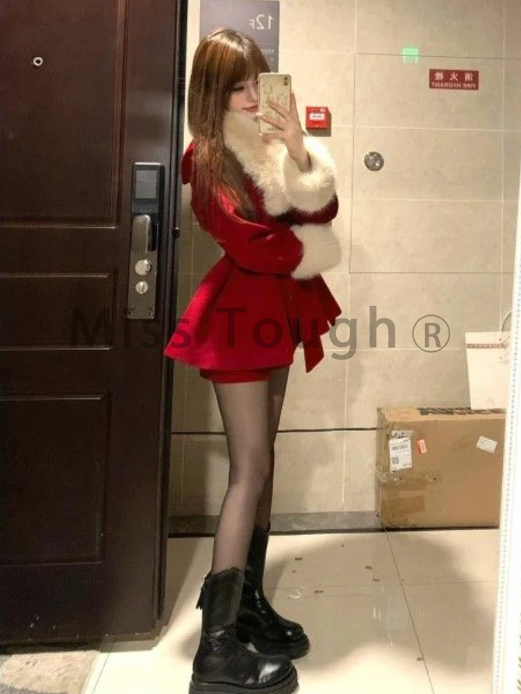 Christmas Red Elegant Y2k Two Piece Set Women Patchwork Vintage Y2k Warm Shorts Set Female Korean Casual New Year Clothes 2024