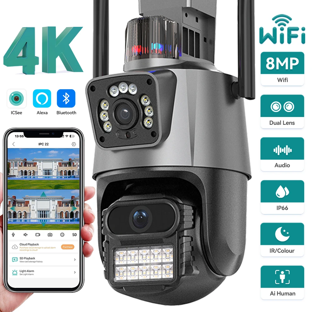 

4K 8MP WiFi Camera Dual lens Dual Screen PTZ IP Camera Outdoor Waterproof 4MP Security Video Surveillance Police Light Alarm