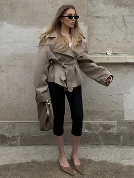 Women Lapel V-neck Belt Trench Coat Lace Up Button Full Sleeve Short Thin Windbreak 2026 Lady New Fashion Daily Street Outerwear 2