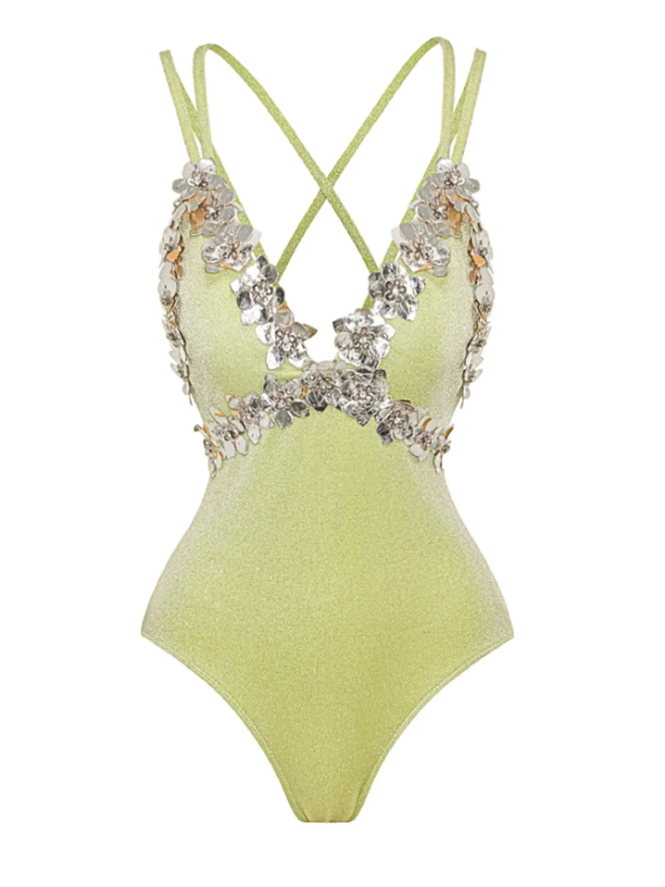 2025 New Flowers Deep-V Neck One Piece Swimsuit For Women Swimwear And Beach Dress Flash Backless Bandage Bathing Suit Beachwear