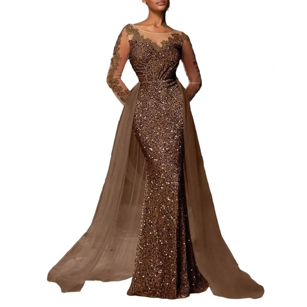 Zachte lichtgewicht stoffen jurk Elegante avondjurk met pailletten en kanten mouwen Tot de grond Bodycon Maxi voor cocktail voor dames