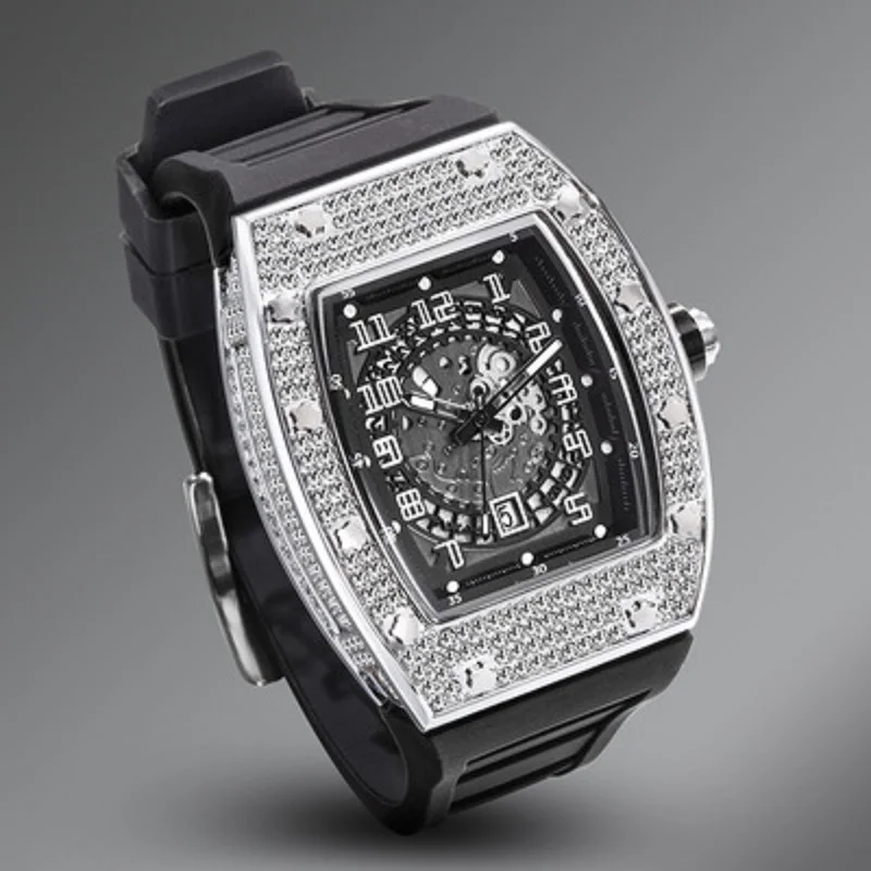 MISSFOX 2025 New Arrival Tonneau Men Watches Iced Out Full Diamond Rubber Strap Watch Hollow Dial Design Luxury Sport Male Clock