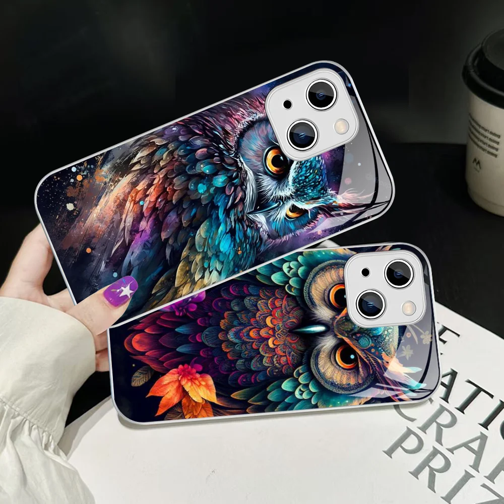 Colorful Owl Bird Phone Case Tempered Glass For iphone 14 13 12 11 Pro Mini XS MAX 14Plus X XS XR Cover