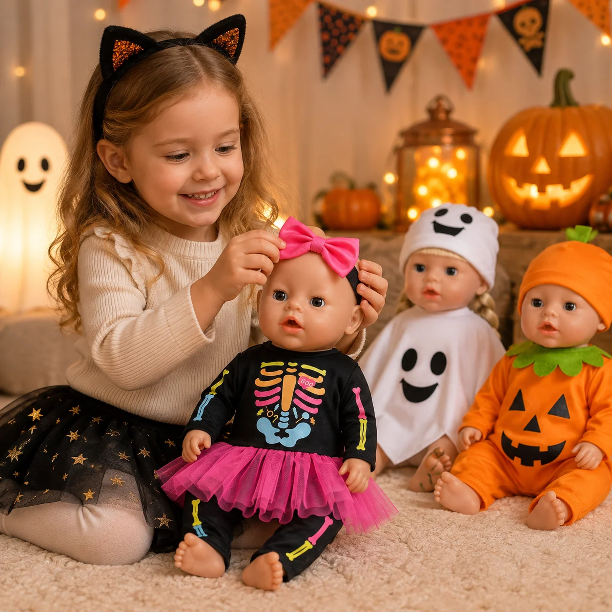 Halloween Puppenkleidung für Reborn Puppe 40-45cm 16-18 Zoll, Kürbis Geist Skelett Kostüm, Outfit für American Girl Puppe Puppenzubehör Set Geschenk – Detail 3