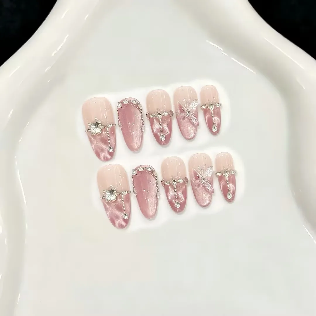 

10 шт. накладных ногтей ручной работы с розовым декором в виде бабочек, французский стиль, для женщин и девушек, блестящие, с эффектом кошачий глаз, накладные ногти-такти