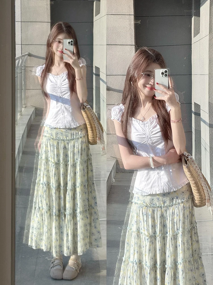 

Summer New Style White Puffy Sleeve Top And Skirt Set for plus Size Women Fashionable Breathable Loose Fit V Neck Long Shirt