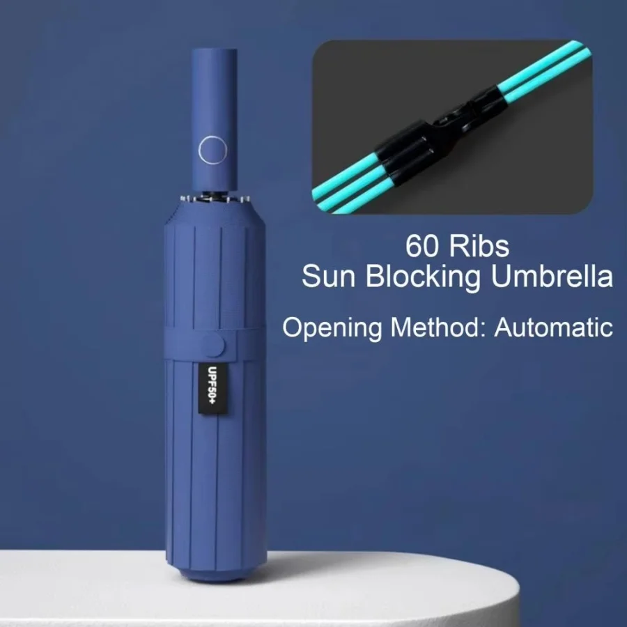 60 Knochen, groß, 108 cm, automatischer Klappschirm, winddicht, starke Sonne, UV-Schutz, UPF50+, für Männer und Frauen, Reise-Regenschirm