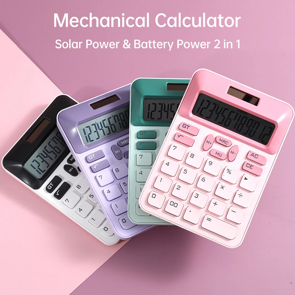 Mechanical Calculator 12 Digit Large Solar Power &LCD Display Big Button Cute Candy Colored Calculator Suit to Office School