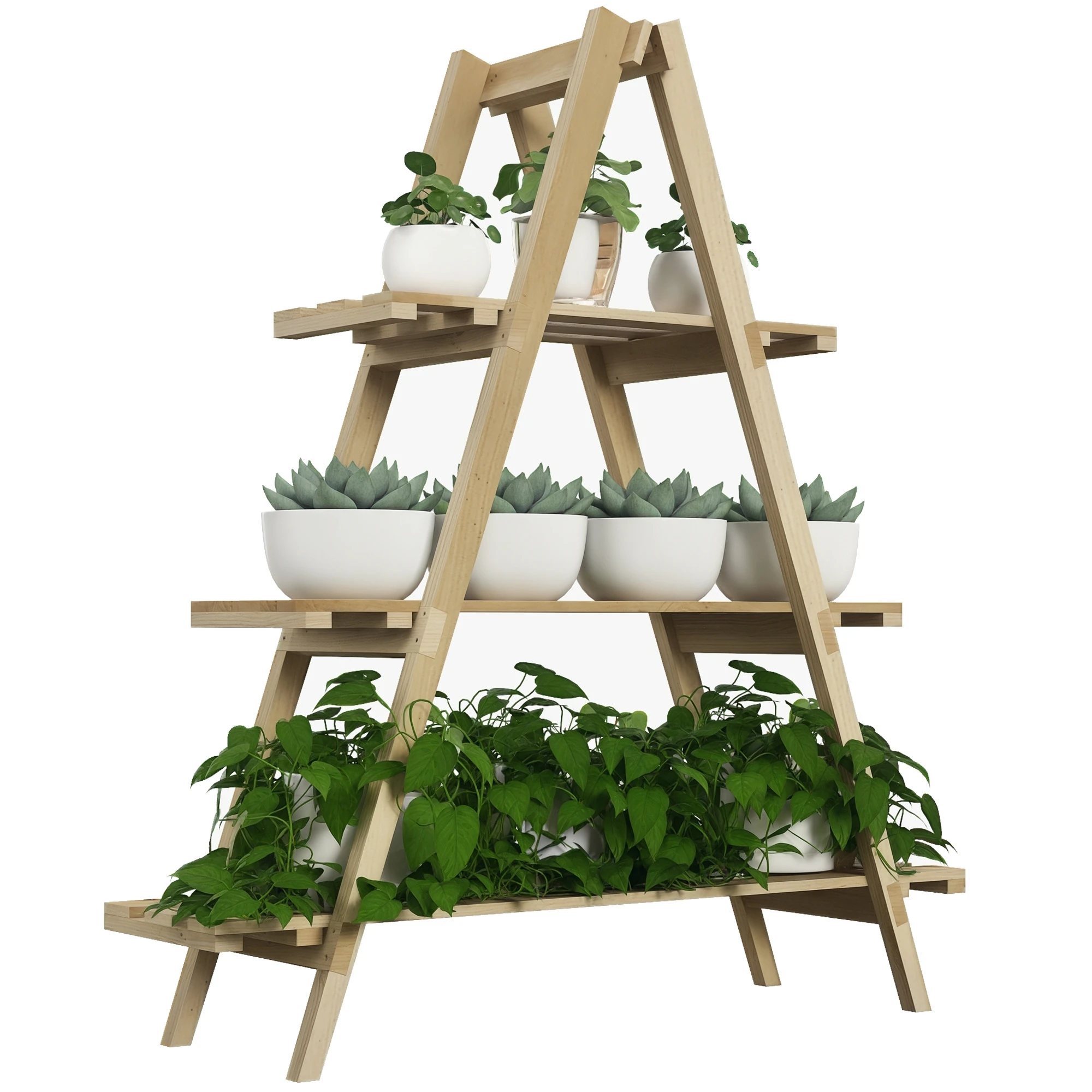 Outsunny Soporte para Plantas Plegable de Madera Estantería para Macetas de 3 Niveles con Marco en A 100x36x112 cm Natural