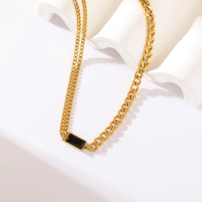GANEMLY-Colar de cristal preto para mulheres, aço inoxidável 316L, corrente de pescoço impermeável, banhado a ouro 18k, presente feminino da moda
