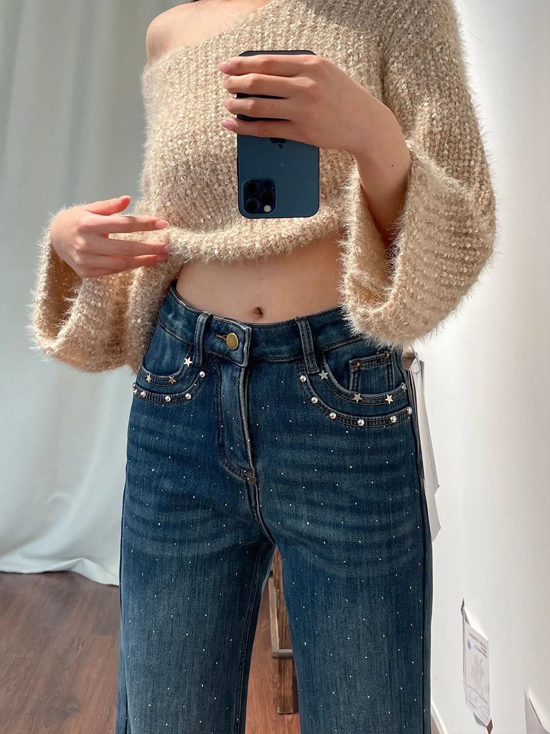 High Waist Flared Jeans Women's Loose Fit Small Size Bell Bottoms Sequin Embellished Denim Pants Spring Summer New Arrival