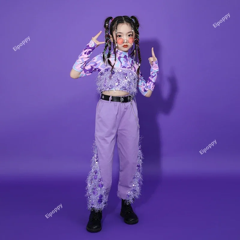 女の子のためのスパンコールジャズダンスパフォーマンスコスチューム、子供のための光沢のあるストリートウェア、ステージパフォーマンス、ファッショナブル
