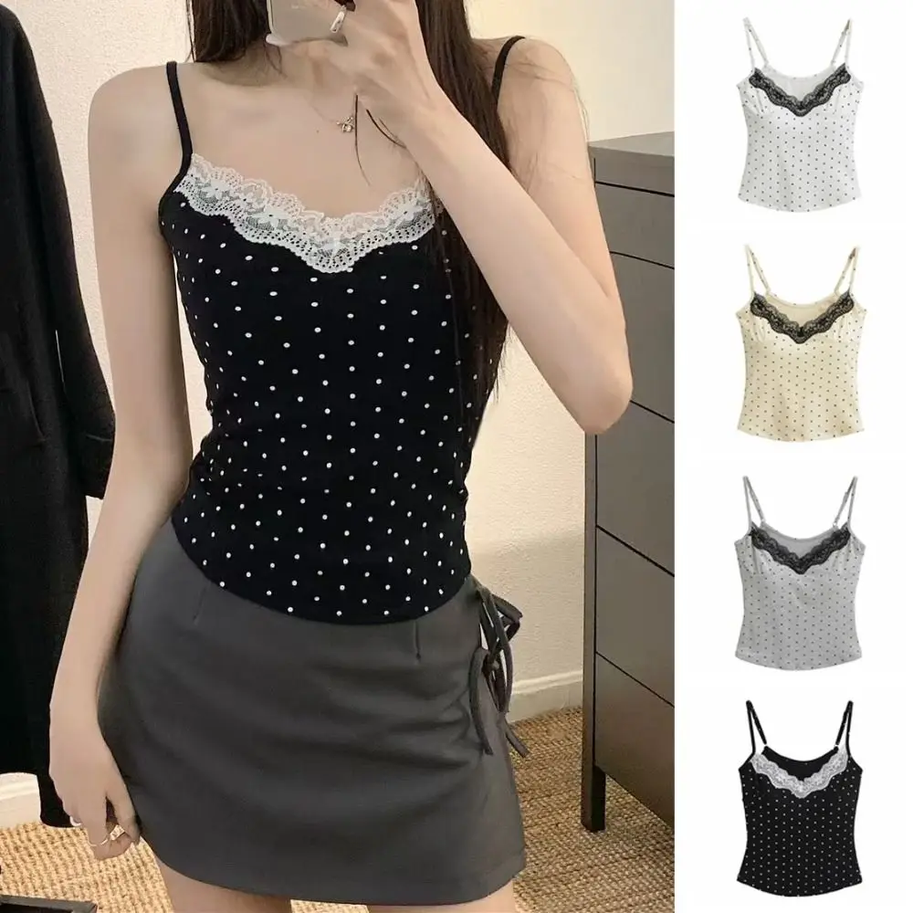 Kant Ruches Stippen Sling Vest Top Mouwloos Dieptepunt Shirt Hemdje met Pads Tank Pittige Meisjesstijl Y2K Slanke Crop Top Zomer