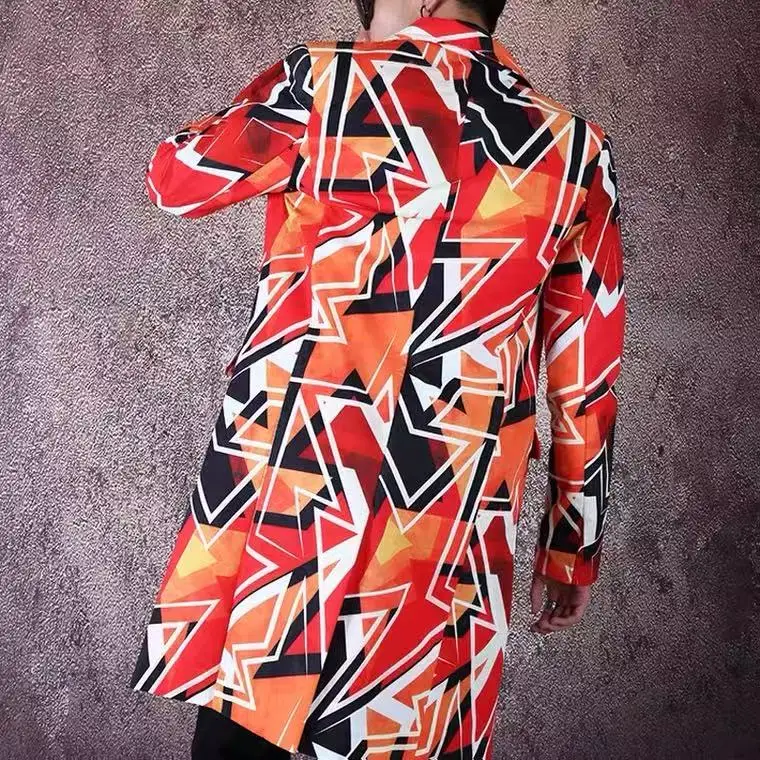 هندسية اللون طباعة الرجال عارضة بدلة طويلة سترة ملهى ليلي بار المغني العصرية مصفف شعر معطف الهيب هوب الرقص مرحلة الملابس #4