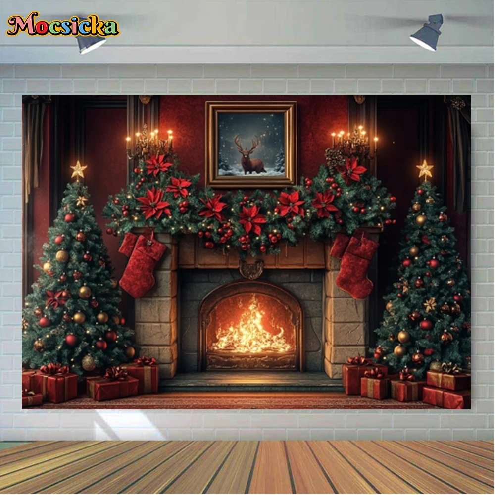 Mocsicka Winter Christmas Photography Backgrounds Fire Xmas Tree Holiday Party Adults Children Photo Backdrops Studio Props