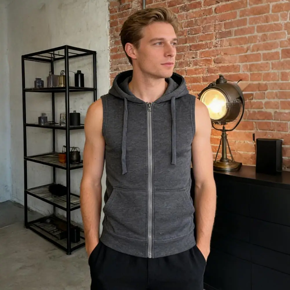 

Men Vest Zipper Opening Lightweight Hooded Vest With Large Pockets Pure Color Running Tops Casual Sportswear