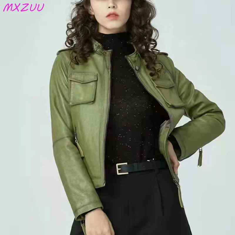 

Winter Clothes Women Sheepskin Slim High Street Locomotive Coats Zipper Stand Collar Short Retro Green Fashion Chaqueta Mujer