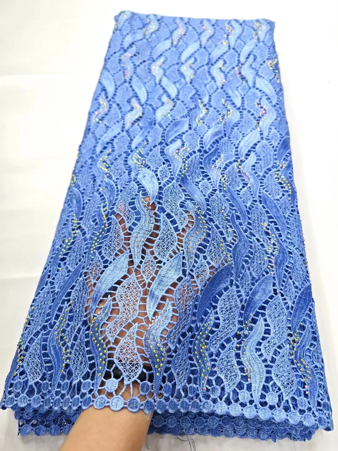 

New Arrival Sky Blue Nigerian Guipure Cord Lace Fabric With Stones 2024 African Water Soluble Lace Fabric For Party Sew LHD23217