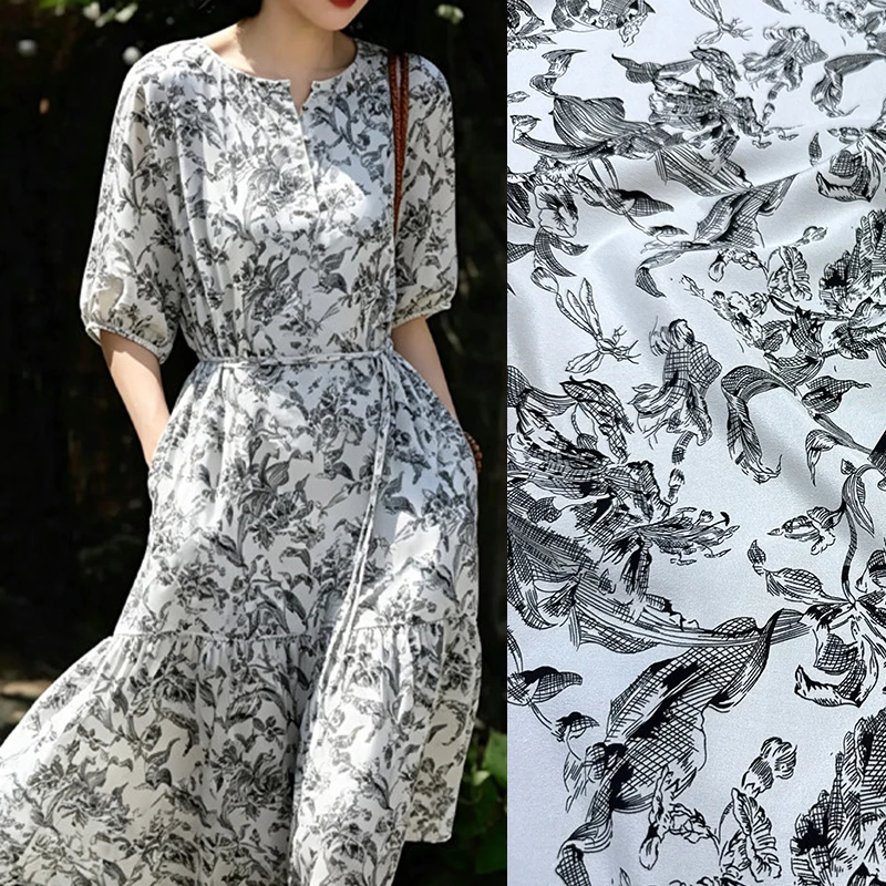 Black Printed Stretch White Silk Crepe de Chine Fabric for DIY Sewing Summer Dress Pajamas Soft Comfortable Silk Fabric FR7012