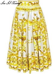 Seasixiang Fashion Designer Summer Vintage Print Cotton Skirt Women's High Waiste Elegant Party Midi Skirt