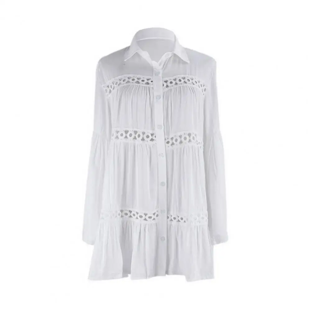 Camicia copricostume stile fidanzato elegante copricostume da spiaggia con design svasato a maniche lunghe scavato per donna di media lunghezza
