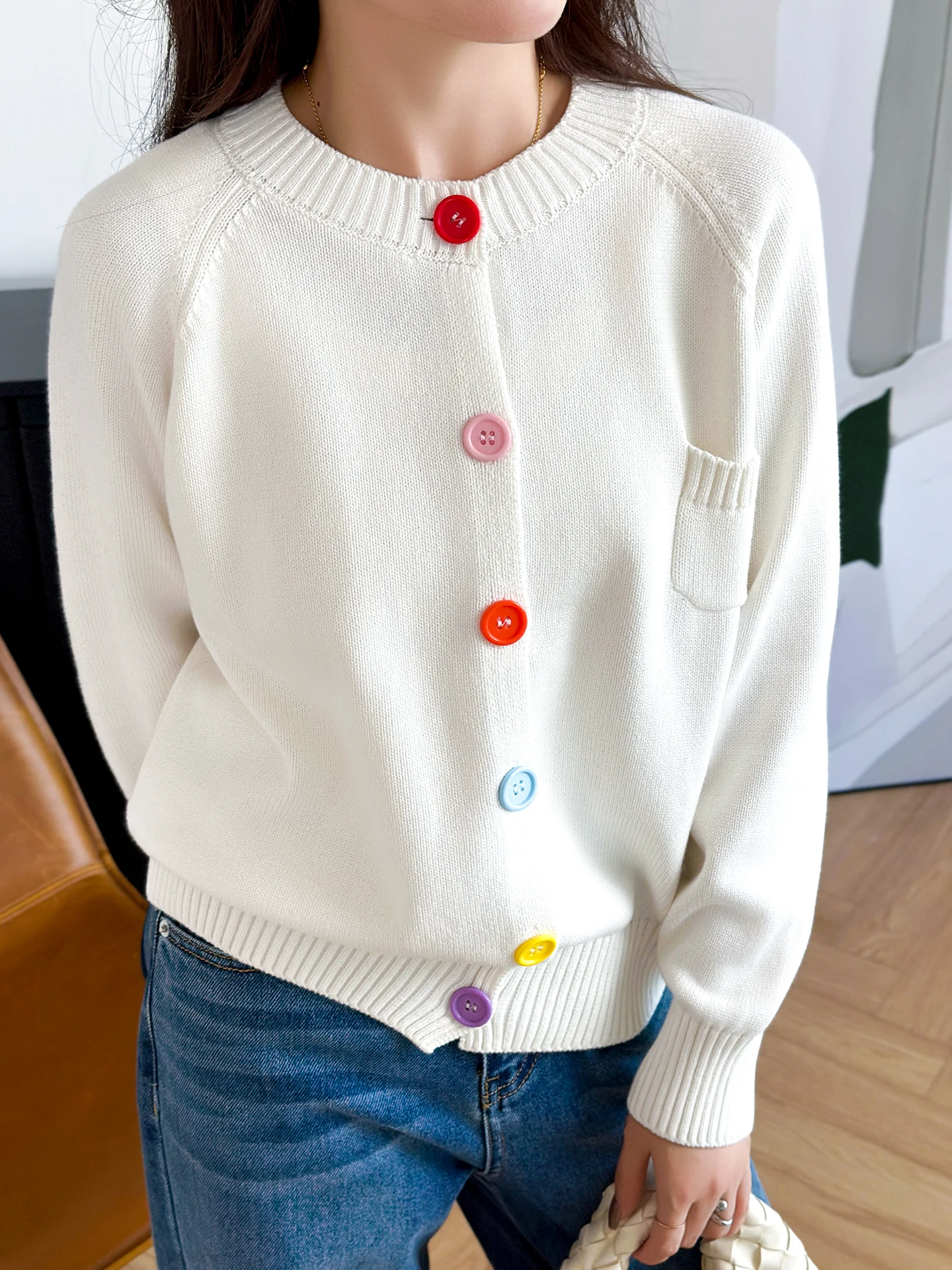 

Thiened Pure Cotton Knitted Cardigan Women's round Ne ort Outerwear Sweater Casual Loose Fit Soft Long Sve Top