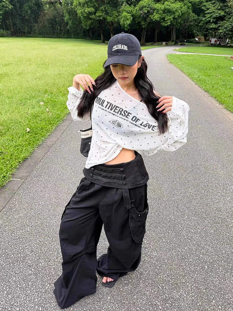 ReddaChic Fold Over Waist Cargo Pants for Women Napoleon Black Solid Button Decor Cleanfit Wide Leg Pants Vintage Streetwear