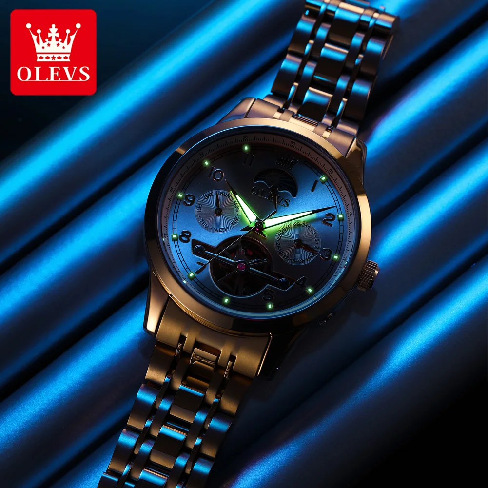 OLEVS 7071 Watches Man Original Luxury Skeleton Automatic Mechanical Watch﻿ Waterproof Luminous Week Date Watches For Man
