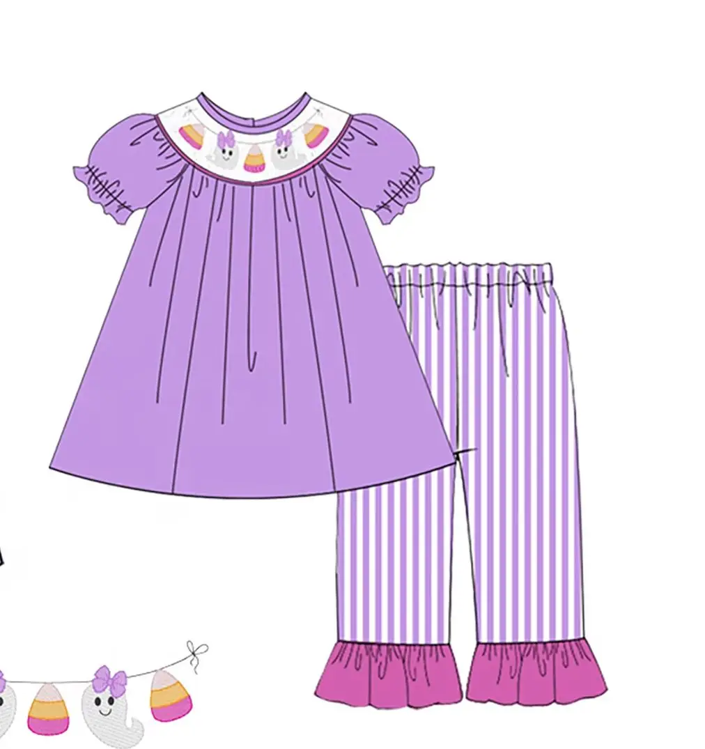 

Kids Fall Halloween Outfit Toddler Girl Ghost & Candy Corn Print Purple Stripe Pants Sets Ruffle Dress Baby Romper