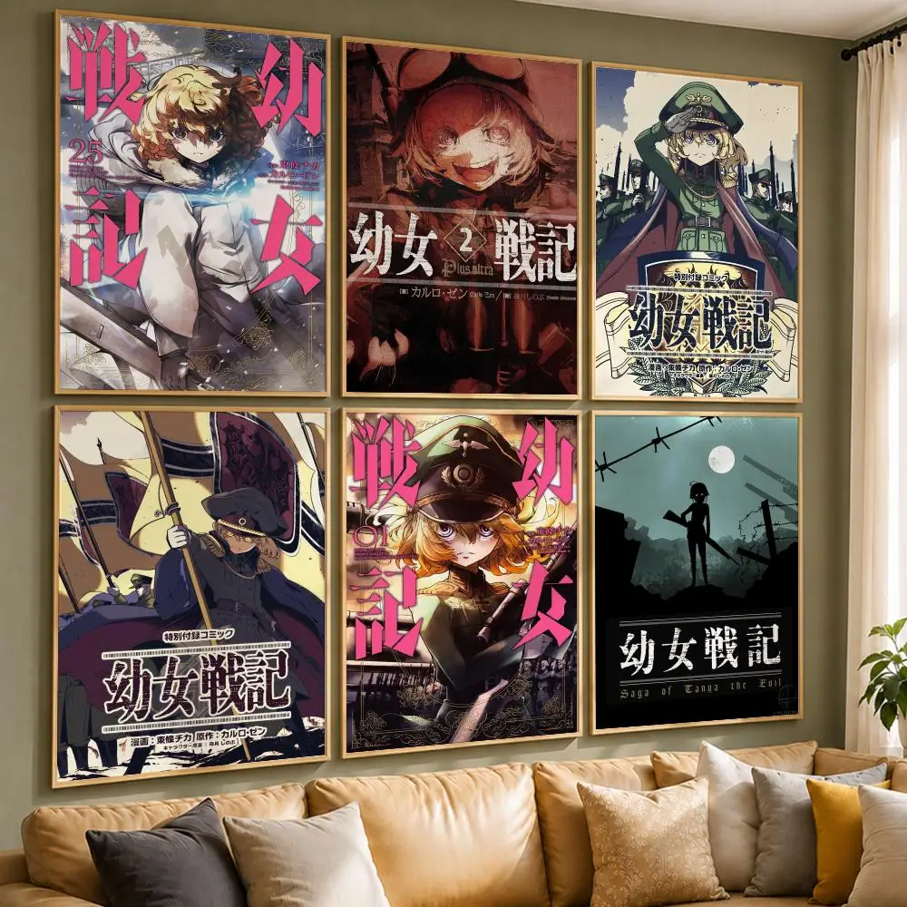 Popular Anime T-The Saga of Tanya the EvilS Poster Vintage Retro Anime Poster Stickers Peel and Stick Wall Art Home Decor