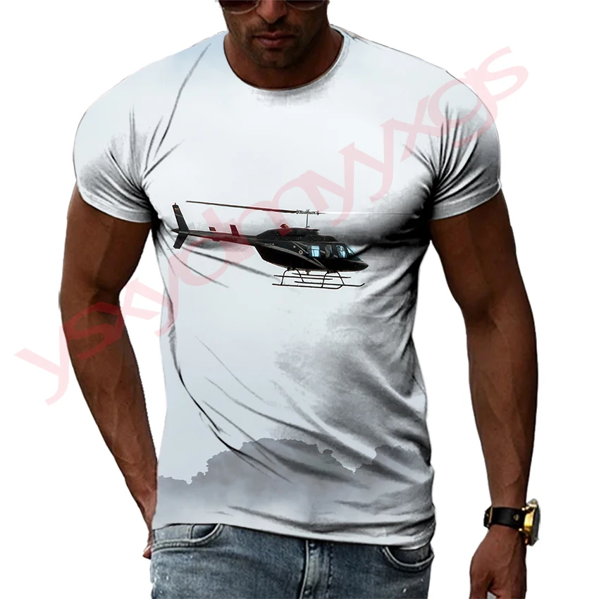 Summer Helicopter Pattern Men\'s T-shirt Hip Hop 3D Print Personality Neck Short Sleeve Fashion Clothes