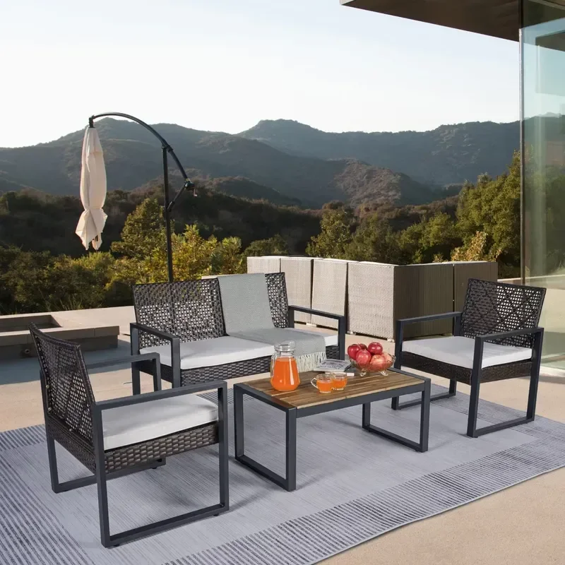 &Modern Steel Wood Outdoor Furniture Set 4 Piece Patio Garden Balcony Durable Sofa Table Chairs Backyard