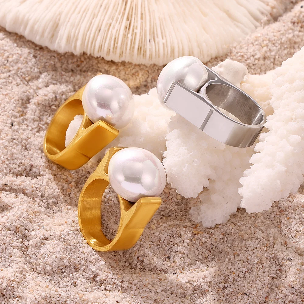 Exaggerated Big Pearl Designer Stainless Steel Rings For Women Gold Plated Ring Fashion Charm Jewelry Gift Wholesale