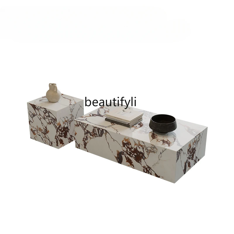 

Italian Minimalist Villa Large Flat Living Room High-End Luxury Stone Rock Plate French Tea Table