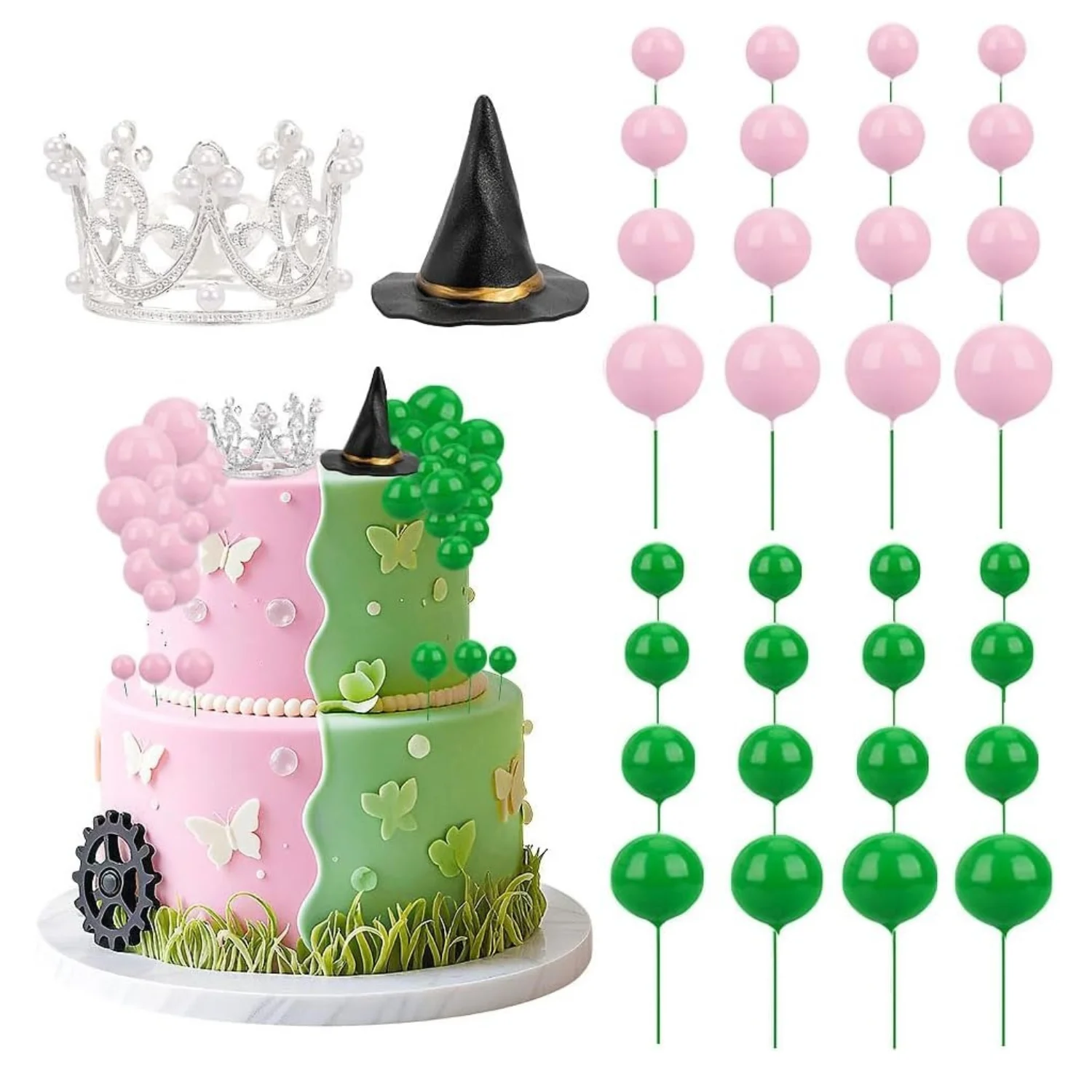 Tortenaufsatz mit grünen und rosa Kugeln, silberne Krone und Hexenhut, Cupcake-Topper-Dekoration für Geburtstagsparty-Dekorationen