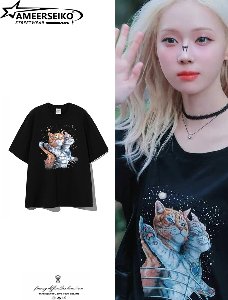 Star t-shirt Korean version of Sweet Cat Dance Hot new printed short-sleeved T-shirt age reduction casual short-sleeved