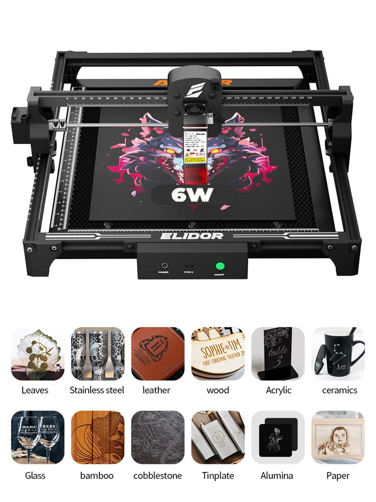 Laserowa grawerka i przecinarka ELIDOR Z6 6W/12W do obróbki drewna, obszar roboczy CNC 300x300mm, niebieska dioda laserowa, maszyna dla początkujących — zdjęcie 2