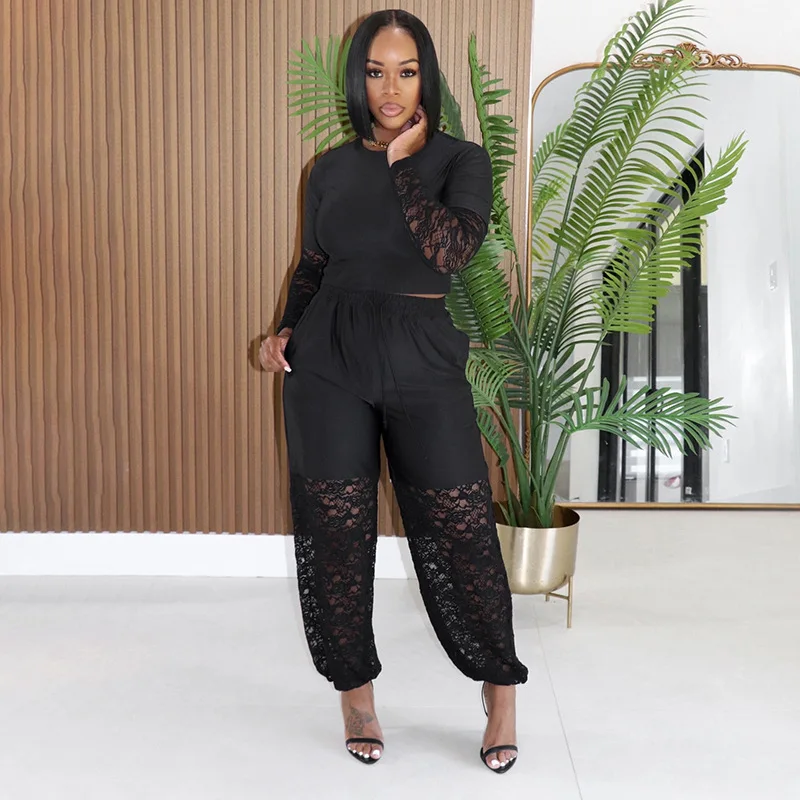STYLISH LADY Black Lace Spliced 2 Piece Set 2026 Women Long Sleeve Cropped Top High Waist Drawstring Harem Pants Matching Set