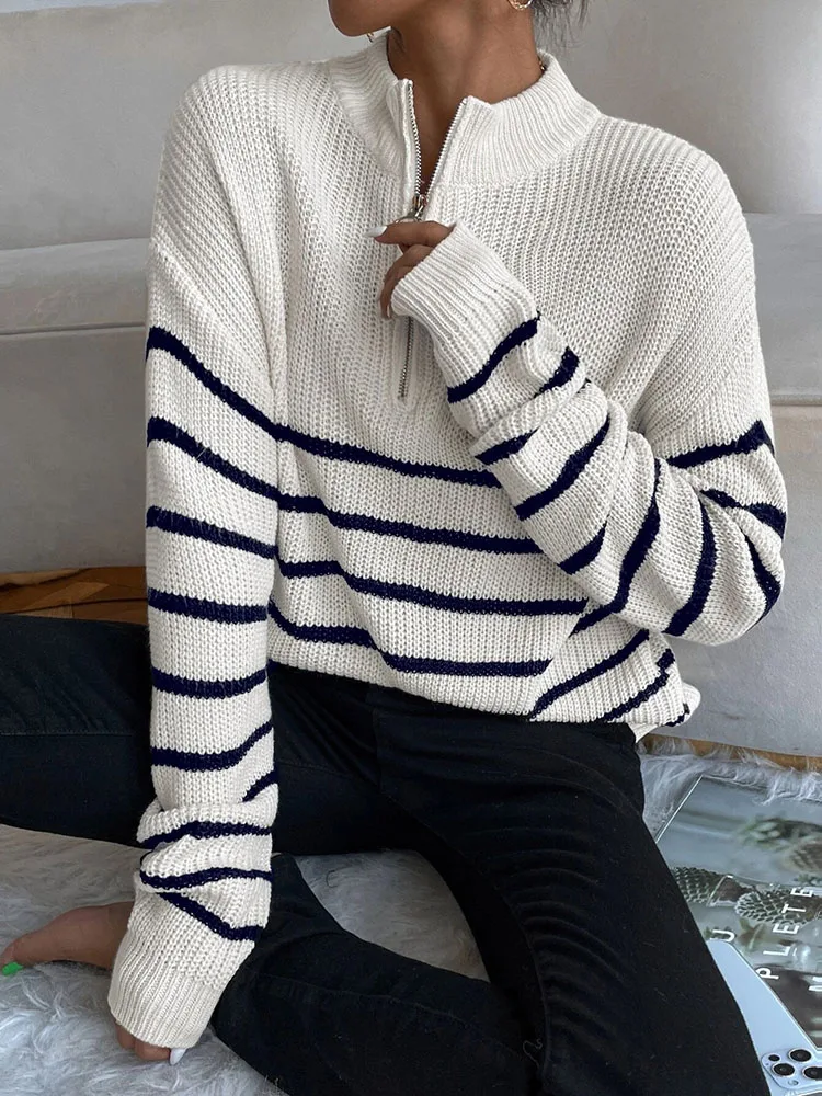 Fashion zipper knitted shirt loose top women\'s cross color striped sweater simple and versatile