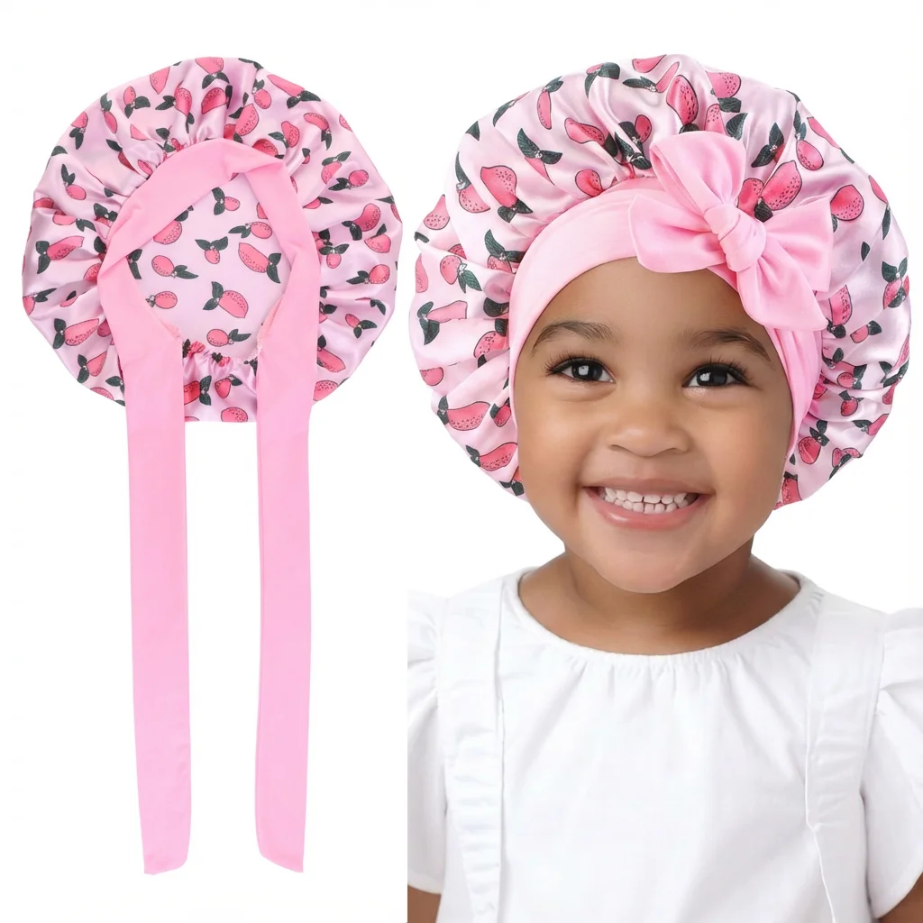 New Kids Satin Bonnet Sleep Hat Shower Cap for Child Hair Beanie at Night Boy Girls Flower Printed Sleep Cap with Band Bow