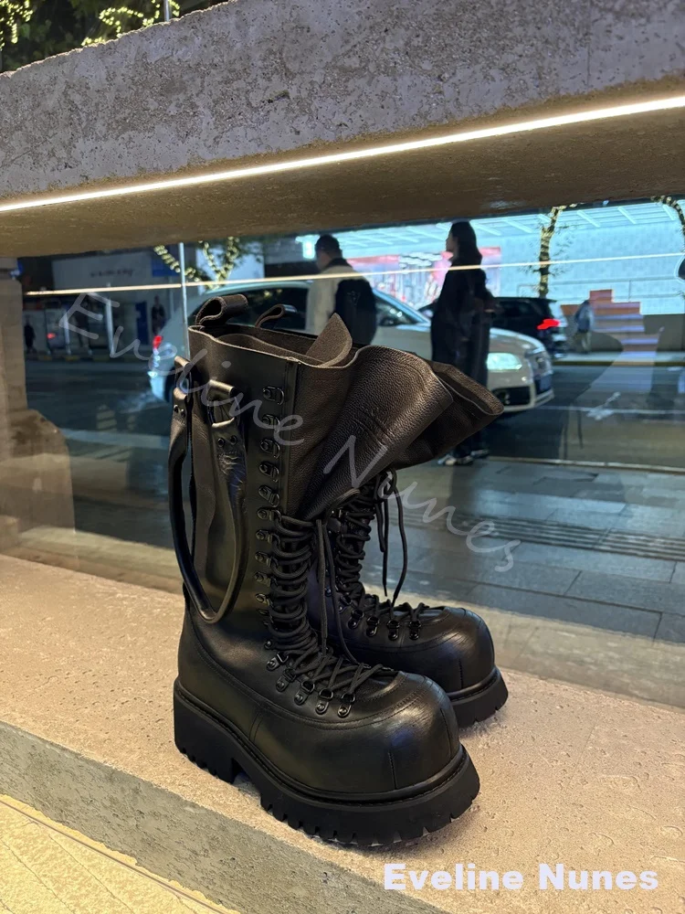Retro Genuine Leather Motorcycle Boots Women Big Toe Lace-Up Platform Knee High Work Boots 2026 Spring Hotties Punk Riding Boots