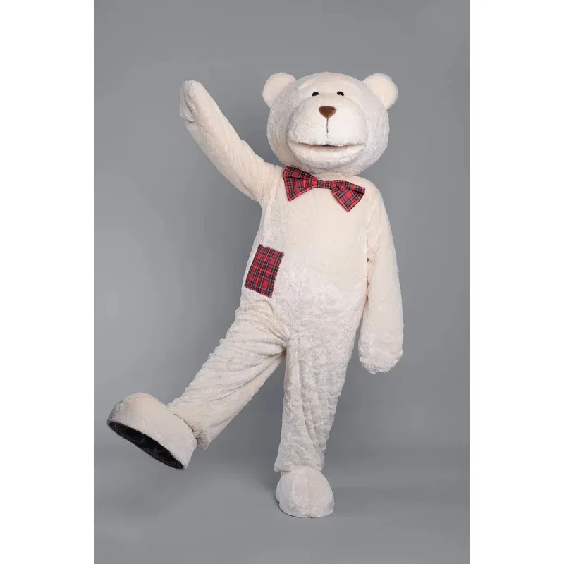 Branco longo cabelos urso mascote traje, roupas adultas, alta qualidade