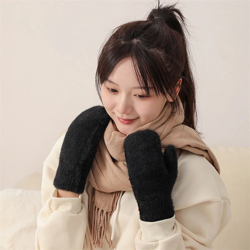 New Winter Women Keep Warm Double Layer Plus Velvet Thicken Fleece Mittens Gloves Female Cute Lovely Soft Full Fingers