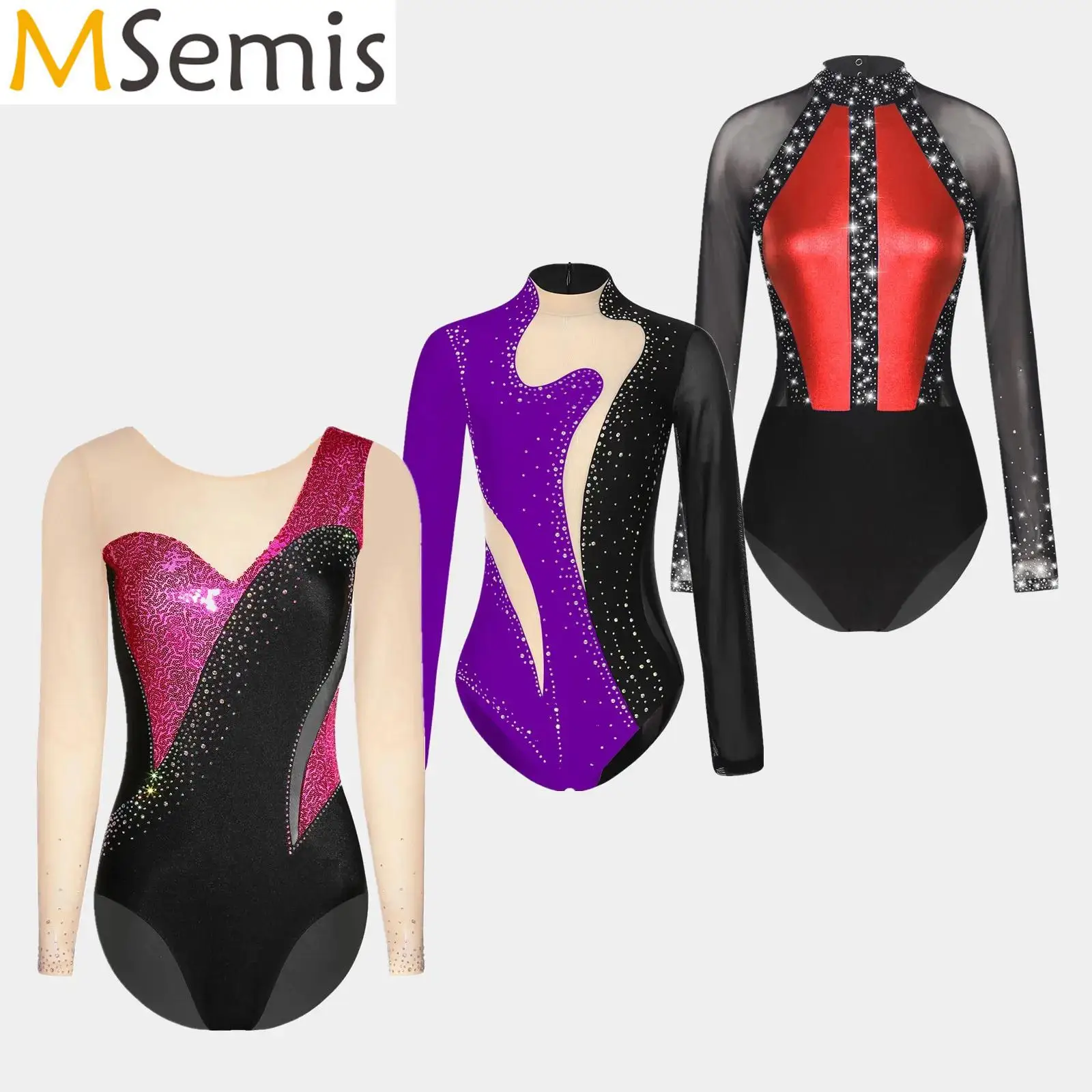 إمرأة بقماش شفاف لامعة الترتر الباليه جيرسي يوتار الجمباز الفني الشكل التزلج ارتداءها أداء الرقص زي